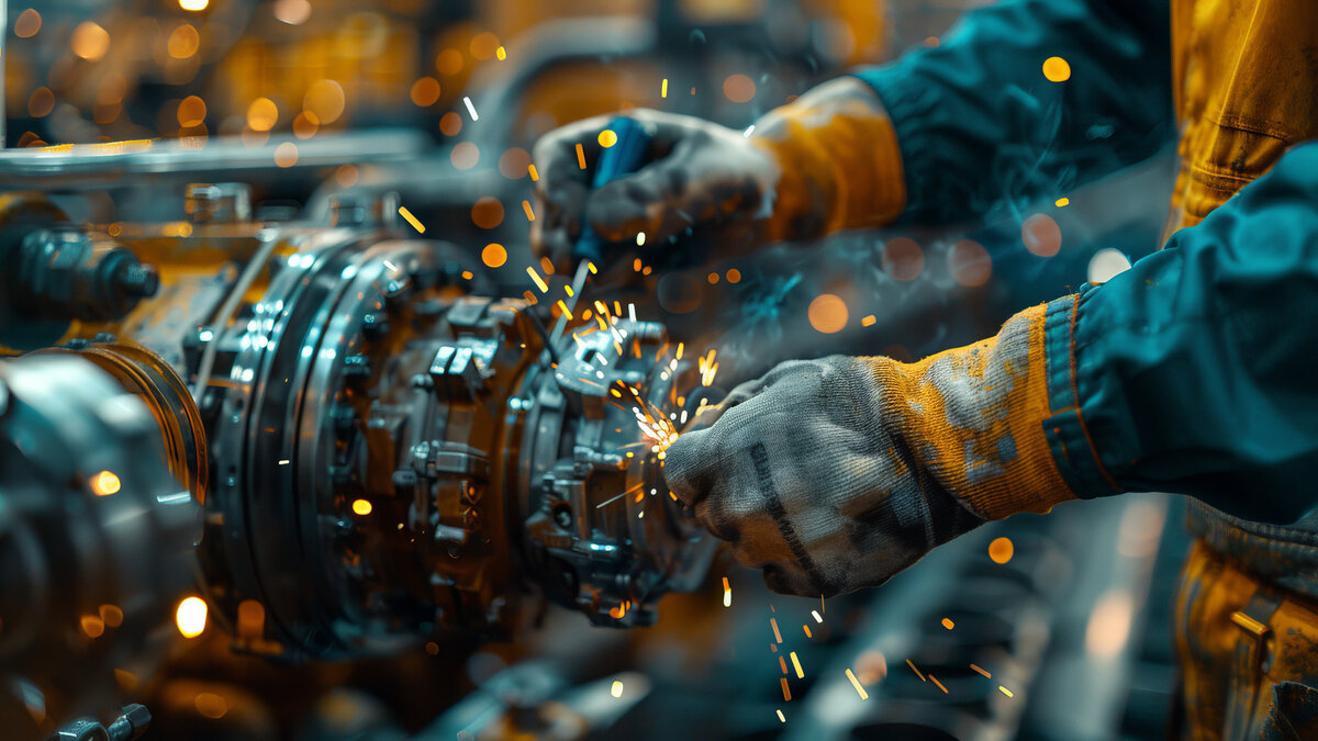 En skicklig fabriksarbetare som aktivt svetsar med livliga gnistor som flyger runt i en svagt upplyst industriell miljö.