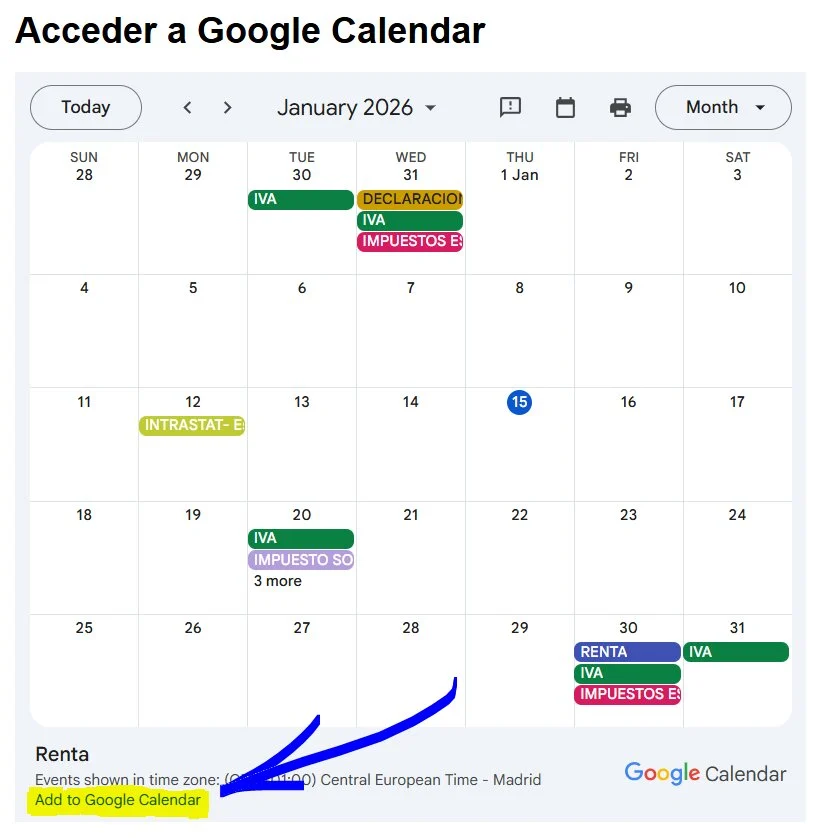 Skatteverket låter dig lägga till skatter i Google Kalender med ett enda klick. Källa: AEAT