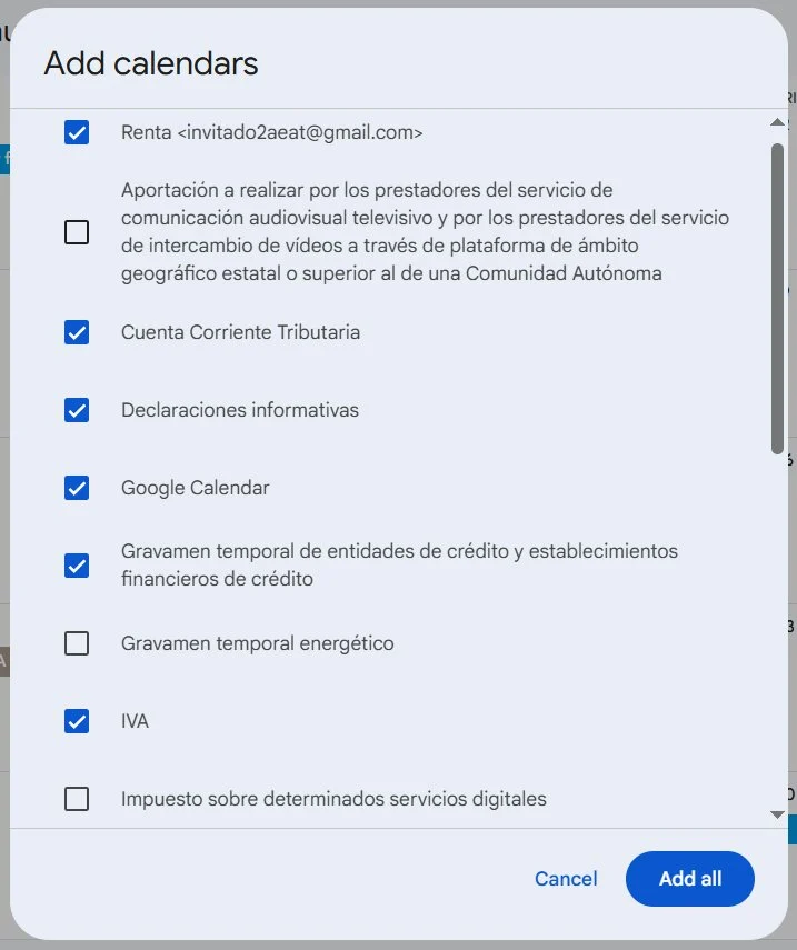 Skatteverket låter dig välja från en lista de skatter som du vill lägga till i Google Kalender. Källa: AEAT