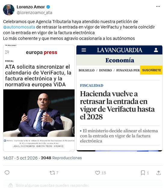 ATA:s ordförande, Lorenzo Amor, har firat att AEAT kommer att ändra Verifactu-kalendern.